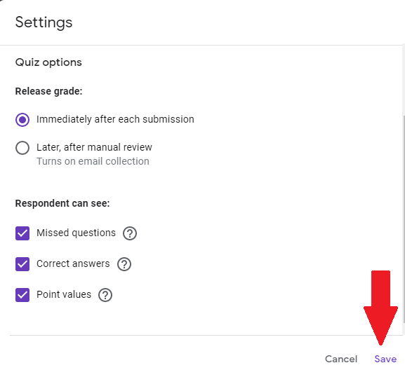 Quiz setting in google forms