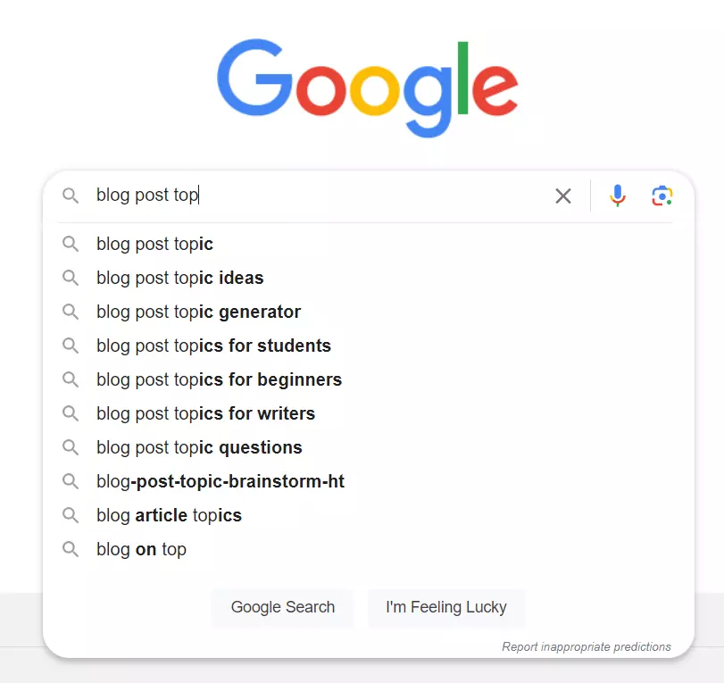 Google search results suggestions above